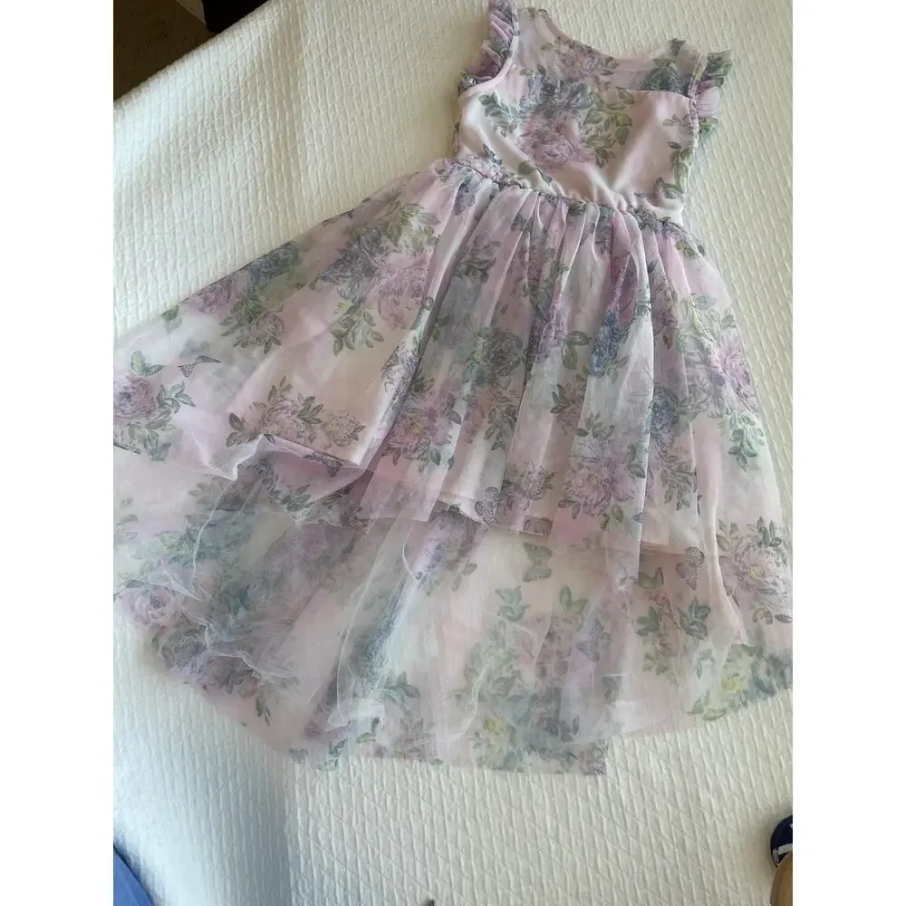 Zenzi Floral High Low Tulle Formal Girl Dress Size XS 4/5 Pink Garden Fairy EUC - Picture 2 of 14